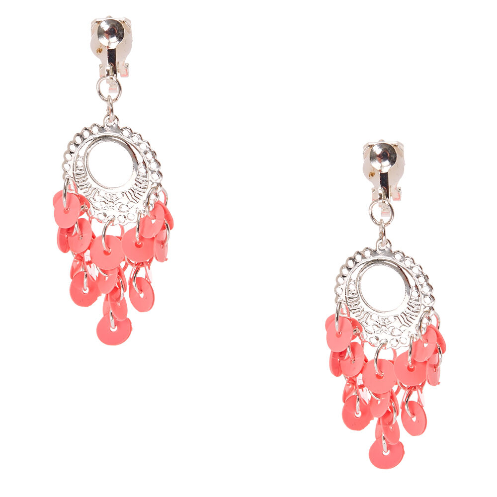 Pink Confetti Hoop Chandelier Clip On Drop  Earrings,