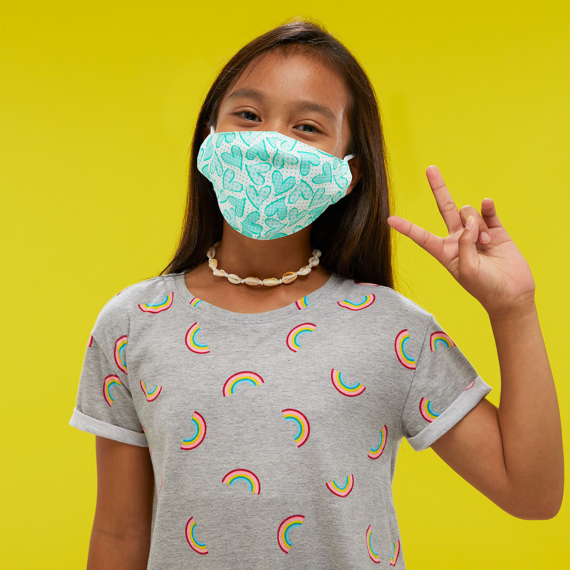 Masque en coton vert menthe à pois avec des cœurs - Enfant : petite taille/taille moyenne,