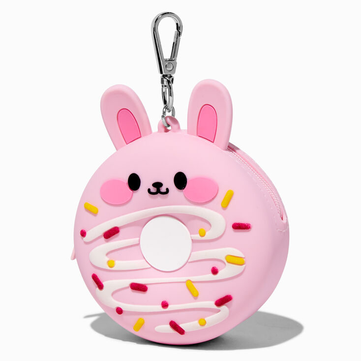 Porte-cl&eacute;s porte-monnaie en silicone sup&eacute;rette donut saupoudr&eacute; lapin rose,