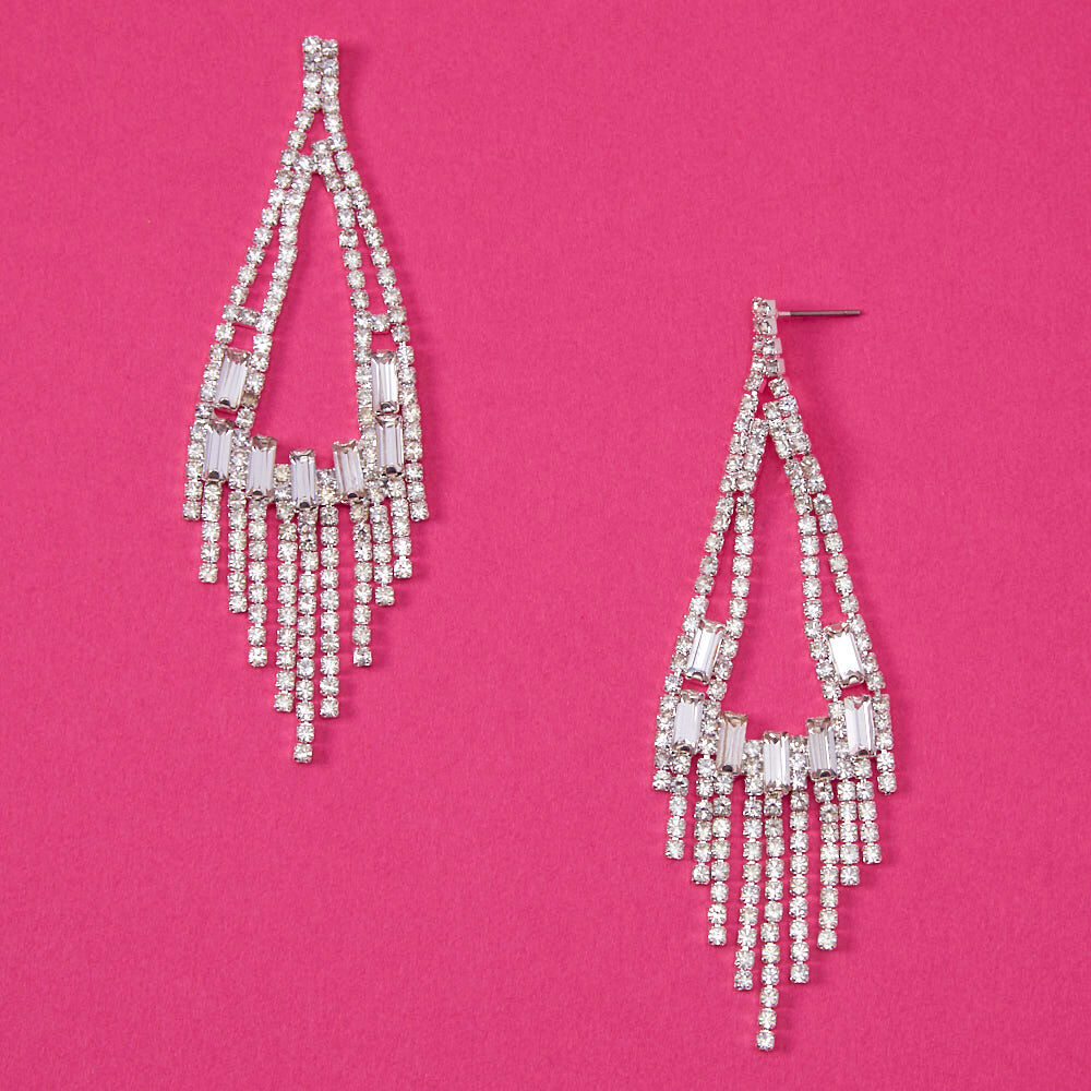 Silver Rhinestone 3" Rectangle Chandelier Drop Earrings,