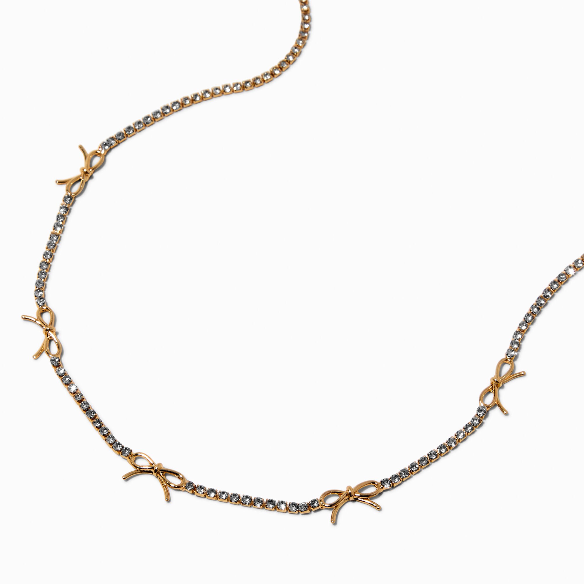 Gold-tone Bow Crystal Cup Chain Necklace,