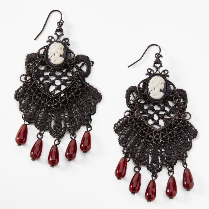 3.5&quot; Victorian Skull Lace Drop Earrings - Black,