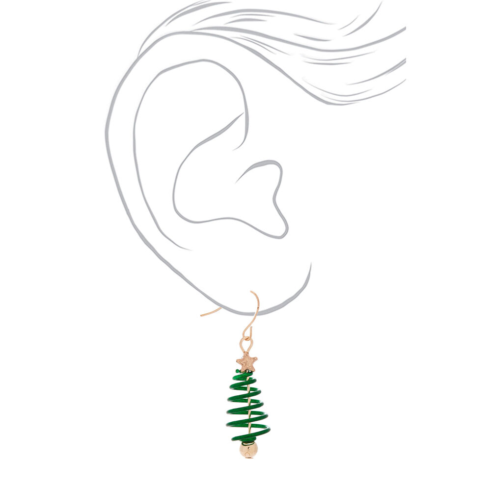 Rose Gold 1.5" Spiral Christmas Tree Drop Earrings - Green,