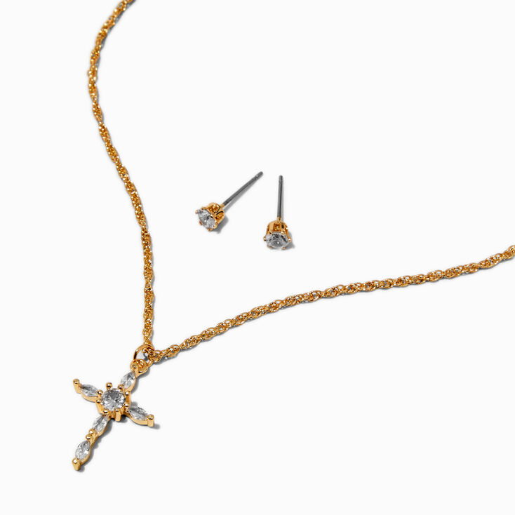 Cubic Zirconia Cross Pendant Necklace & Stud Earrings Set