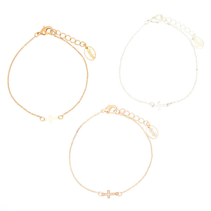 Mixed Metal Cross Chain Bracelets - 3 Pack,