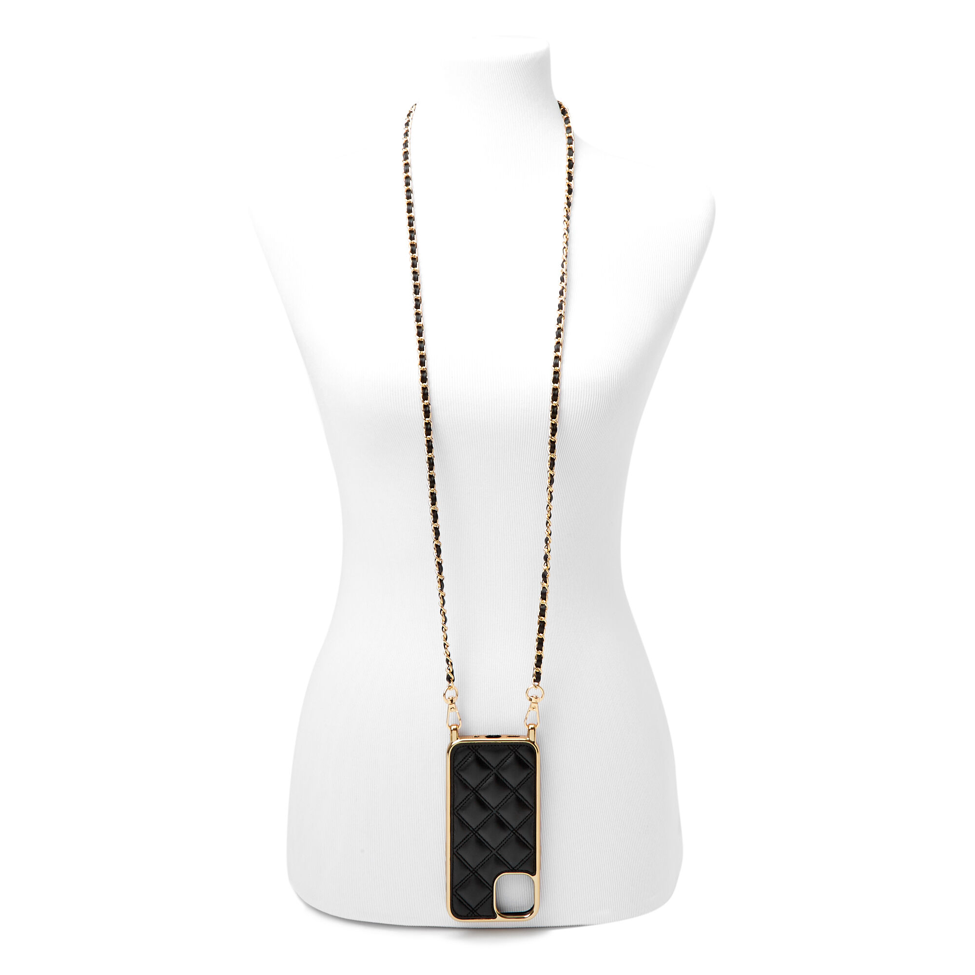 Black Quilted Phone Case with Gold Chain - Fits iPhone® 12 Mini,