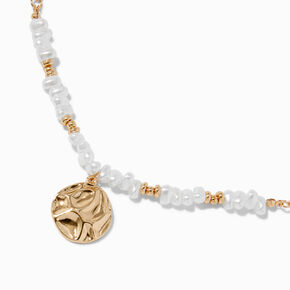 Gold-tone Shell &amp; Pearl Beaded Textured Disc Pendant Necklace,