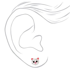 Sterling Silver Crystal Cat Stud Earrings - 2 Pack, Pink,