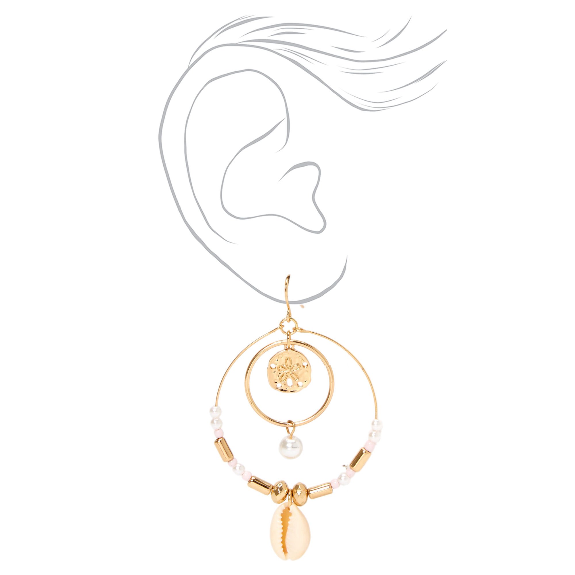 Gold Seashell Double Circle 2" Drop Earrings,