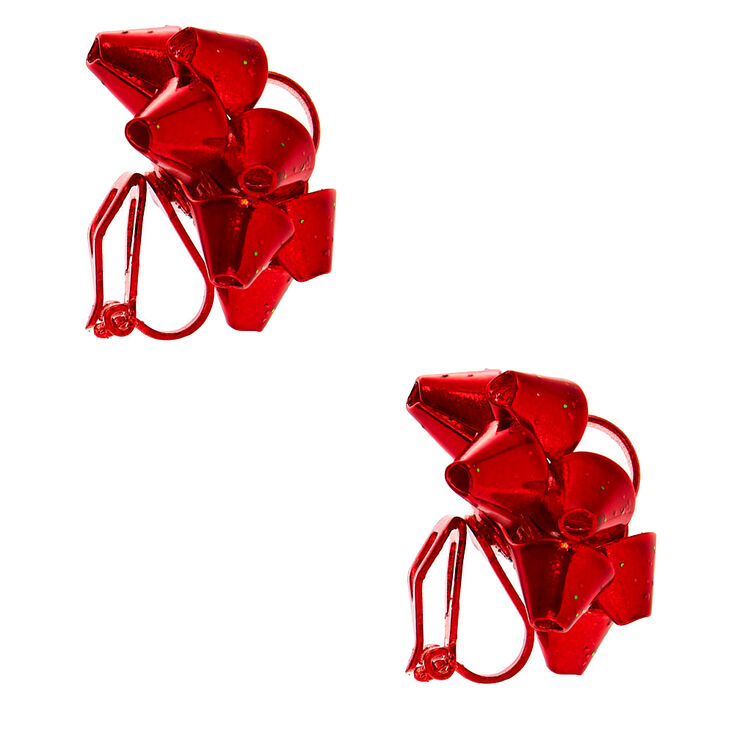Christmas Bow Clip On Earrings - Red,