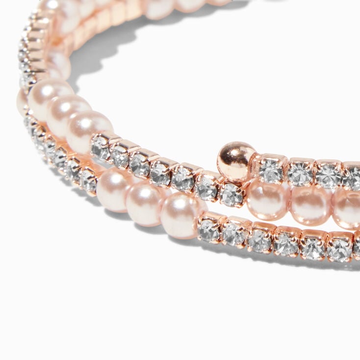 Bracelet double tour perle d&#39;imitation et strass couleur dor&eacute; rose,