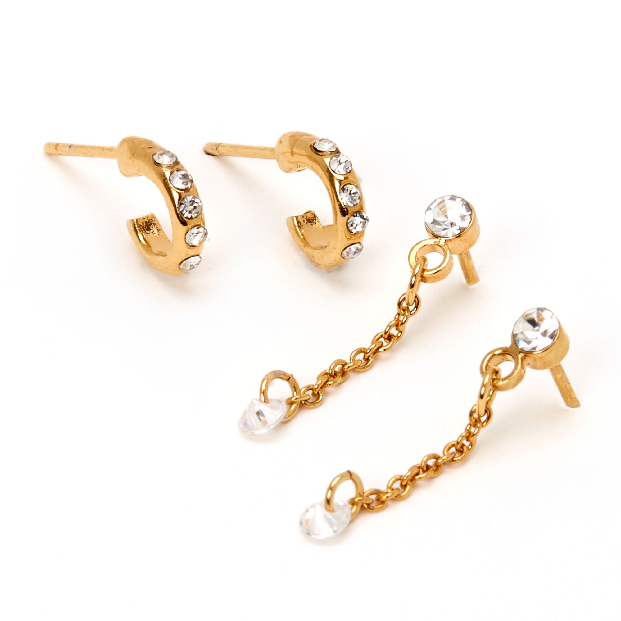 View Claires 18Ct Plated Crystal Chain Hoop Drop Earrings 2 Pack Gold information