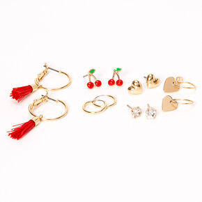 Gold Cherry Heart Mixed Earrings - Red, 6 Pack,