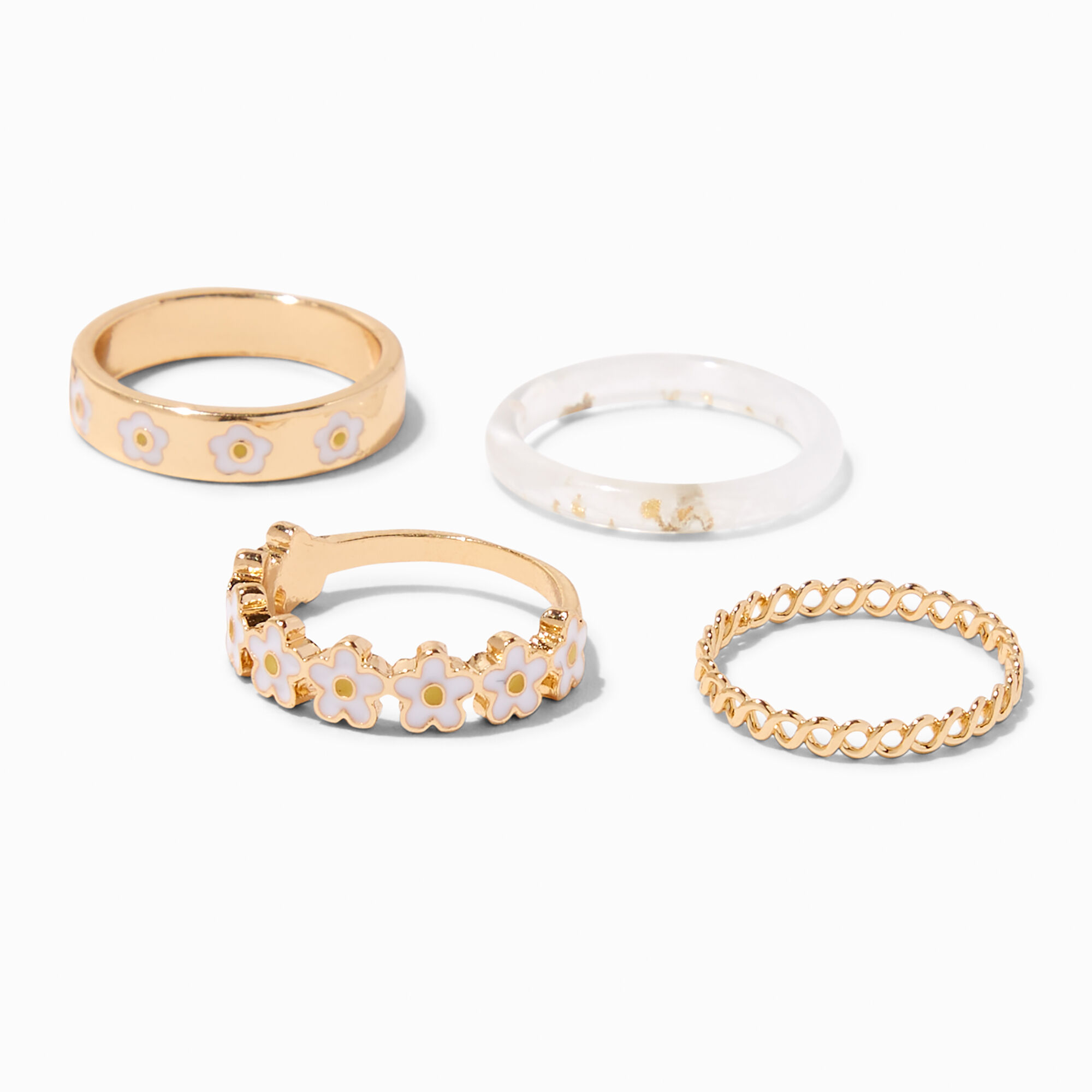 View Claires Daisy Enamel Gold Woven Rings Set 4 Pack White information