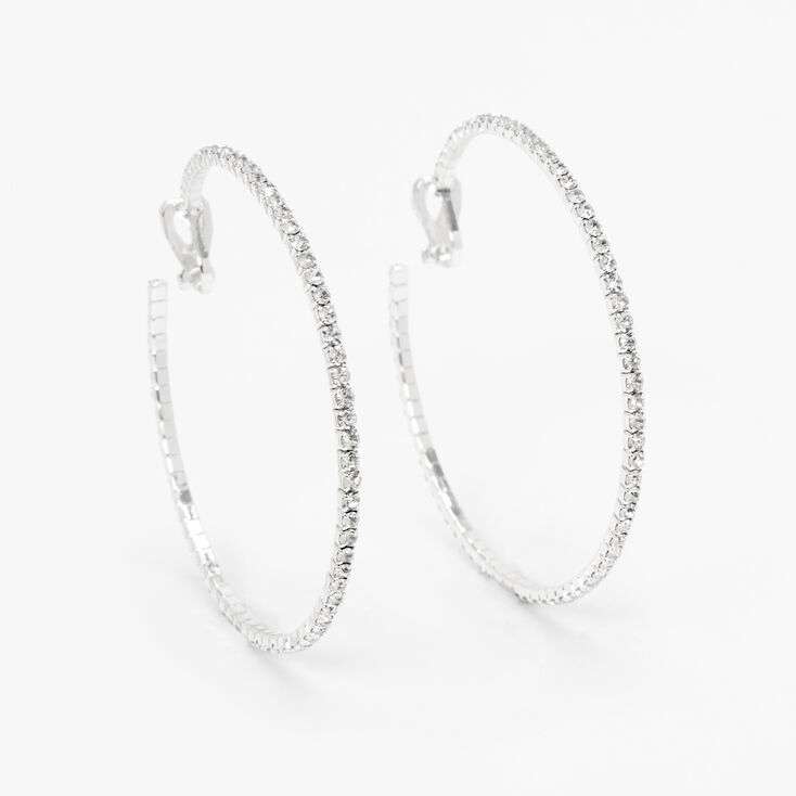 Silver Crystal 60MM Clip On Hoop Earrings,