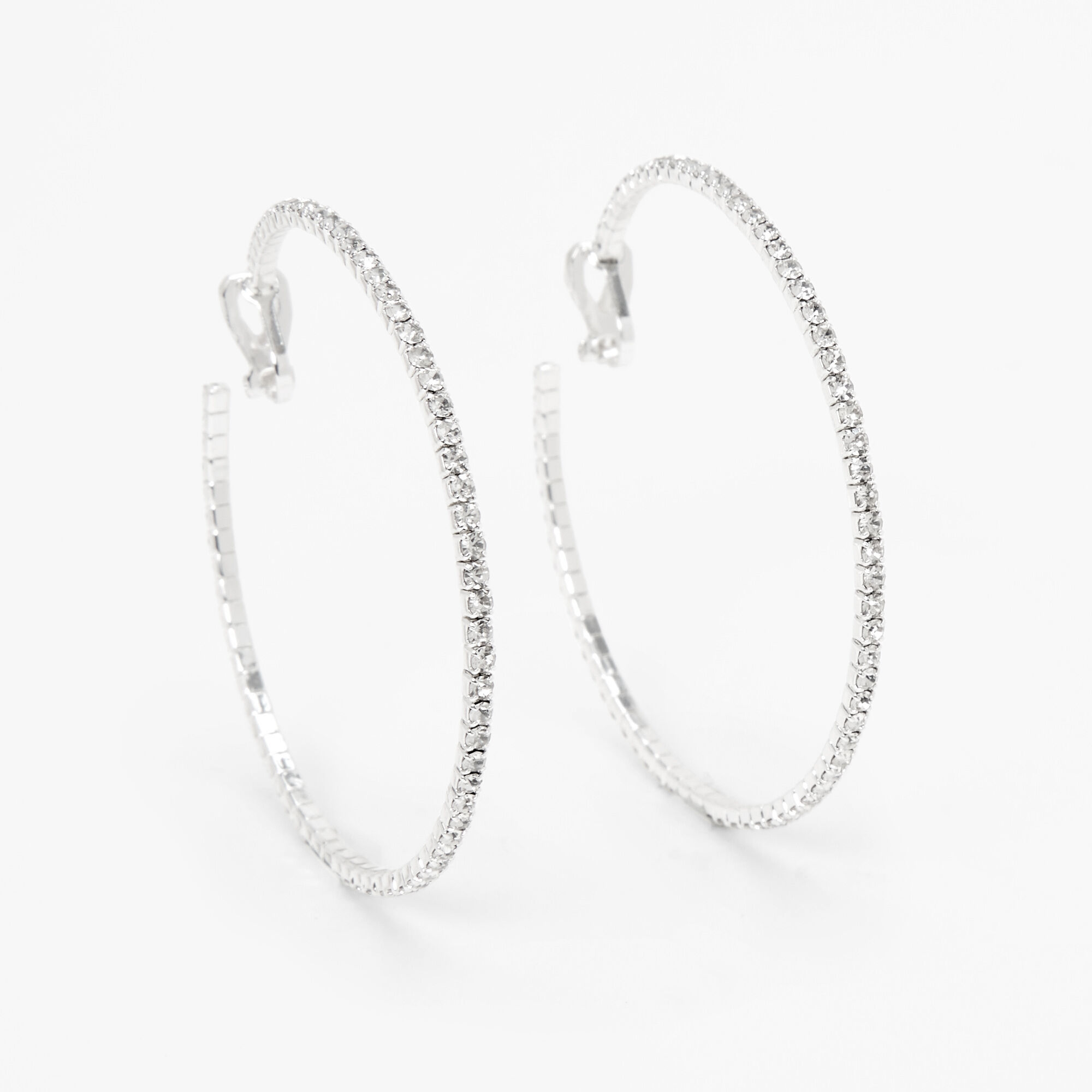 Silver Crystal 60MM Clip On Hoop Earrings