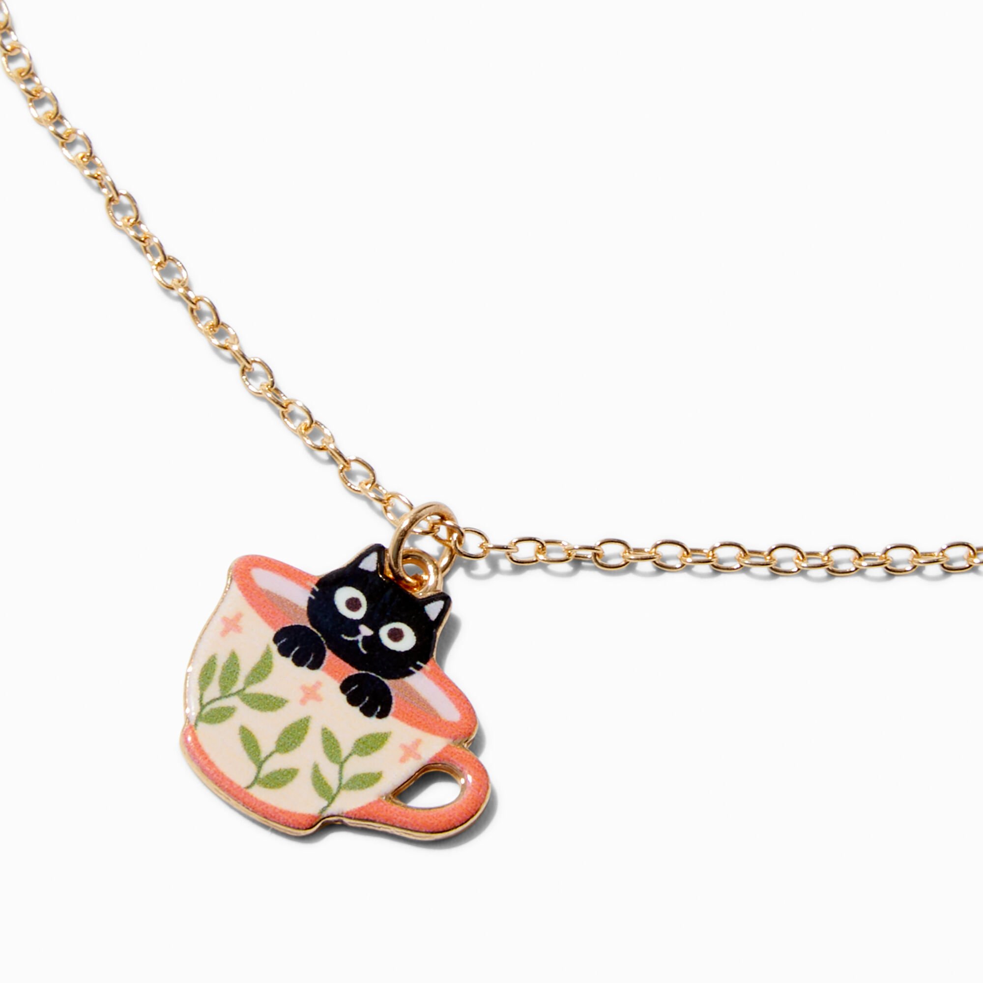 Black Cat Teacup Pendant Necklace,