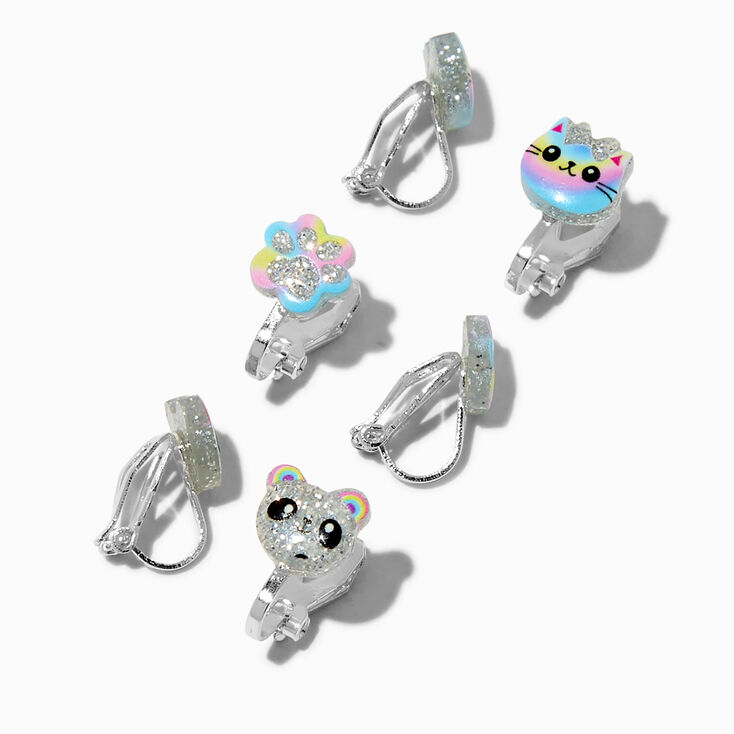 Glitter Cat, Bears &amp; Paws Clip-On Earrings - 3 Pack,