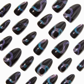 Holographic Snake Black Long Almond Vegan Faux Nail Set - 24 Pack,
