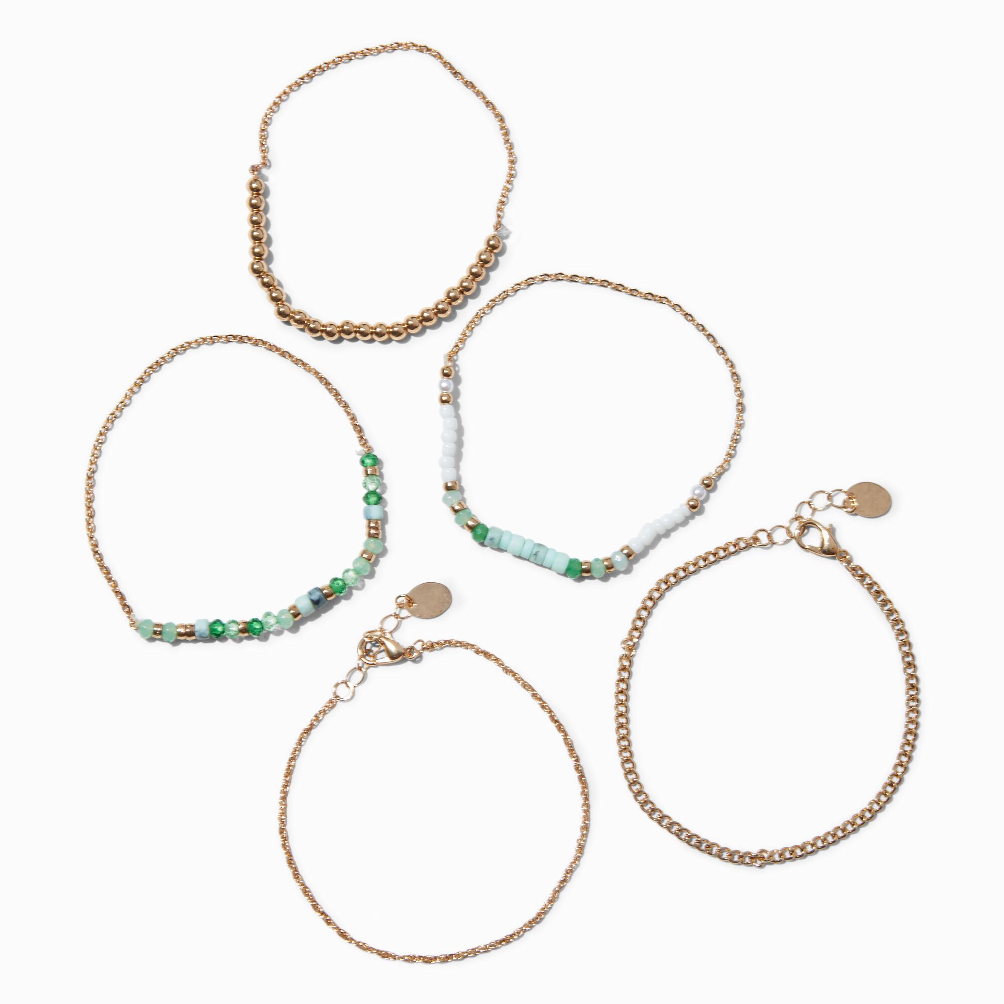 View Claires GoldTone Beaded Chain Bracelet Set 5 Pack Green information
