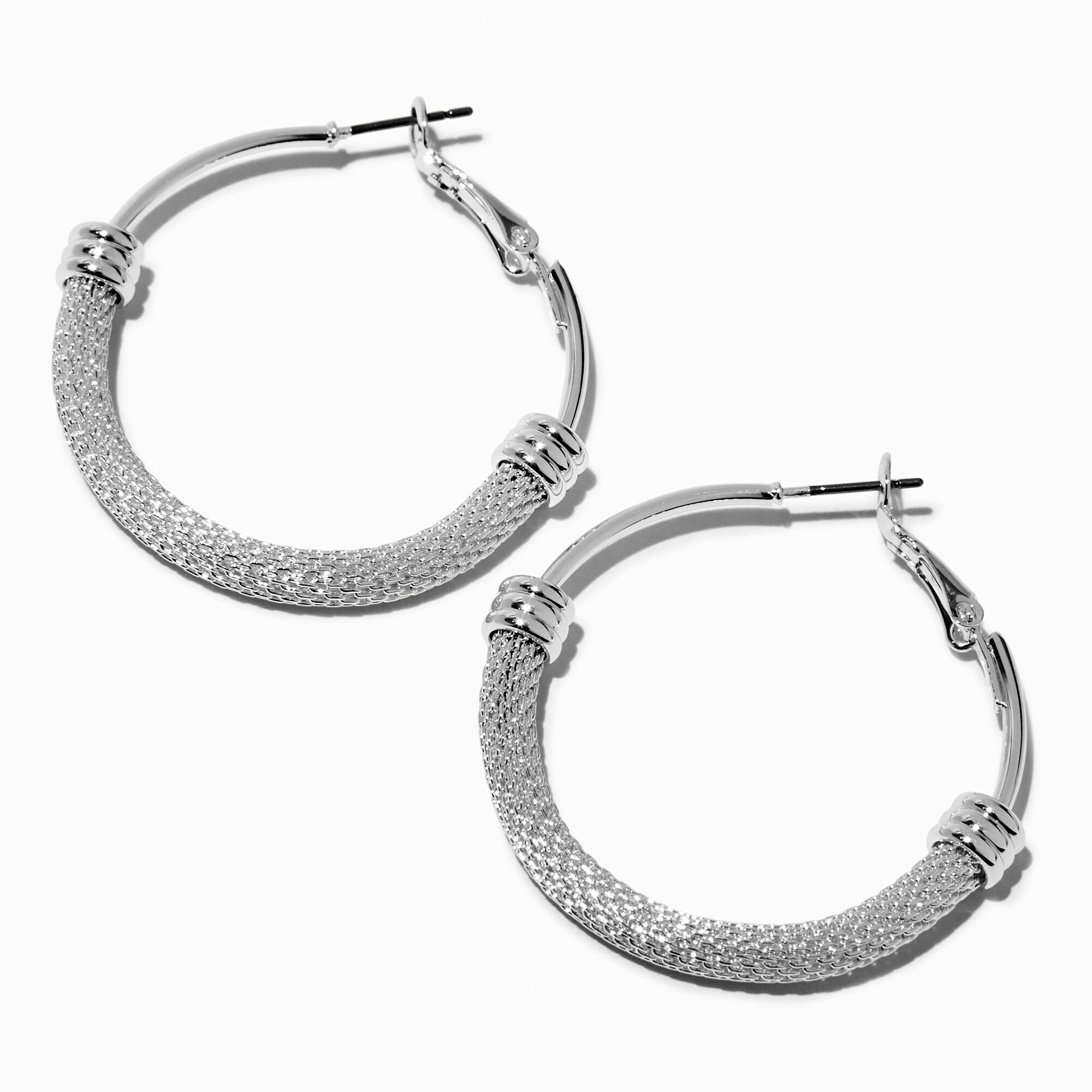 Silver-tone Half Mesh 40MM Hoop Earrings,