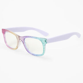 Claire&#39;s Club Solar Blue Light Reducing Retro Clear Lens Rainbow Glitter Frames,