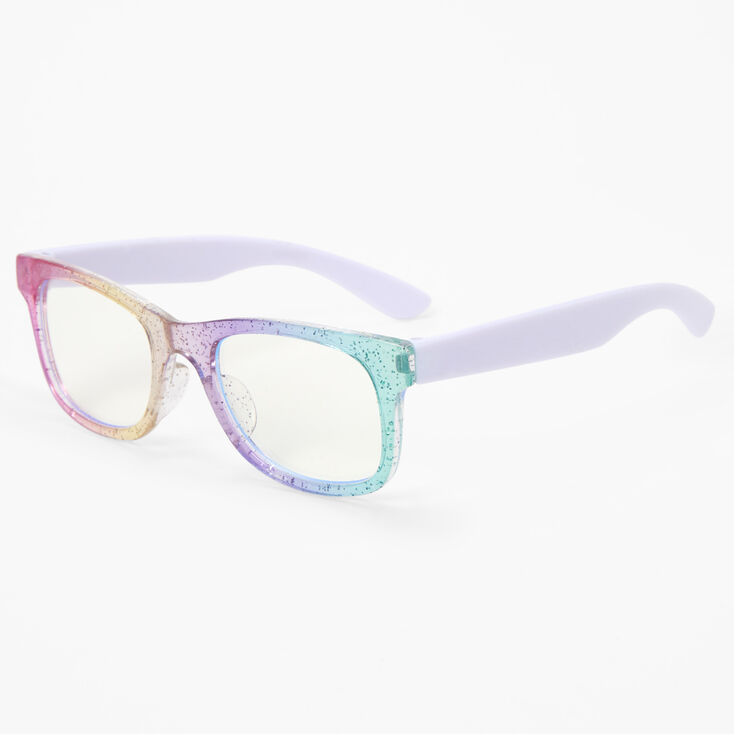Claire&#39;s Club Solar Blue Light Reducing Retro Clear Lens Rainbow Glitter Frames,