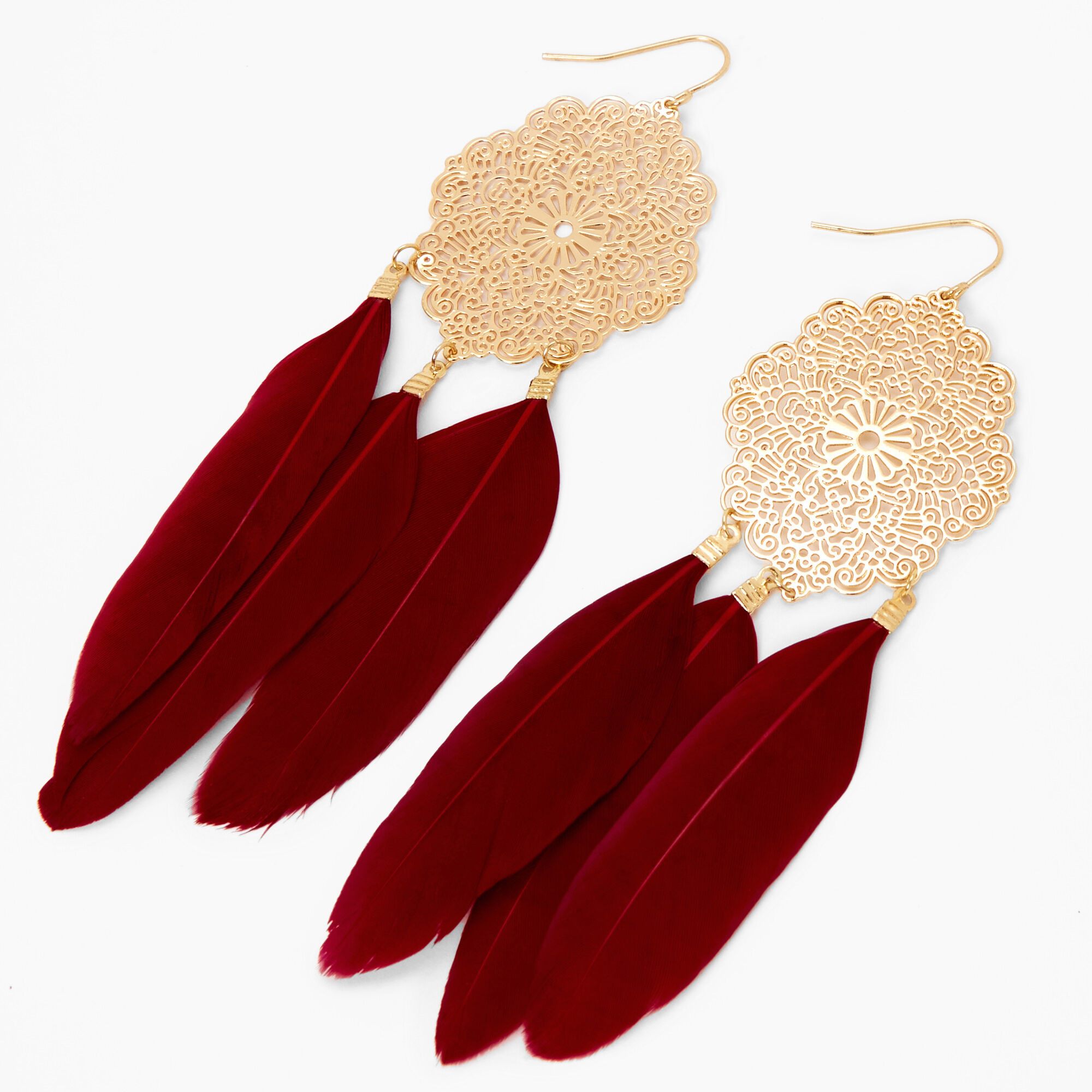 Gold 4" Feather Drop Earrings - Burgundy,