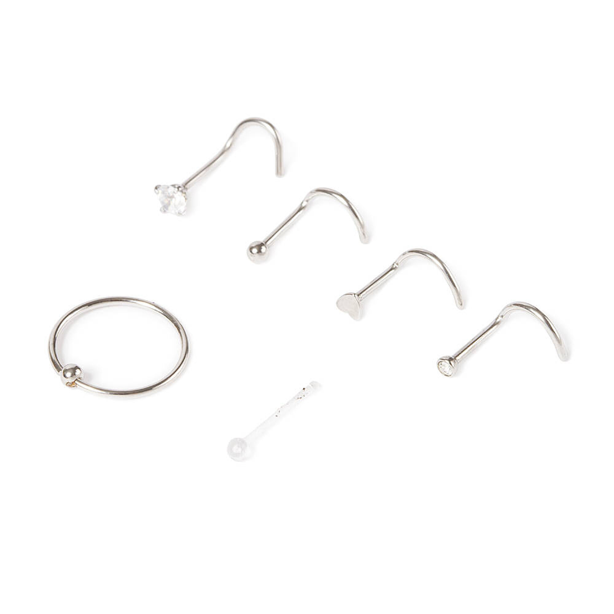 View Claires Tone 20G Ball Heart Hoop Nose Ring Studs 6 Pack Silver information