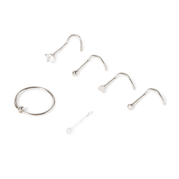 Silver-tone 20G Ball Heart Hoop Nose Ring &amp; Studs - 6 Pack,