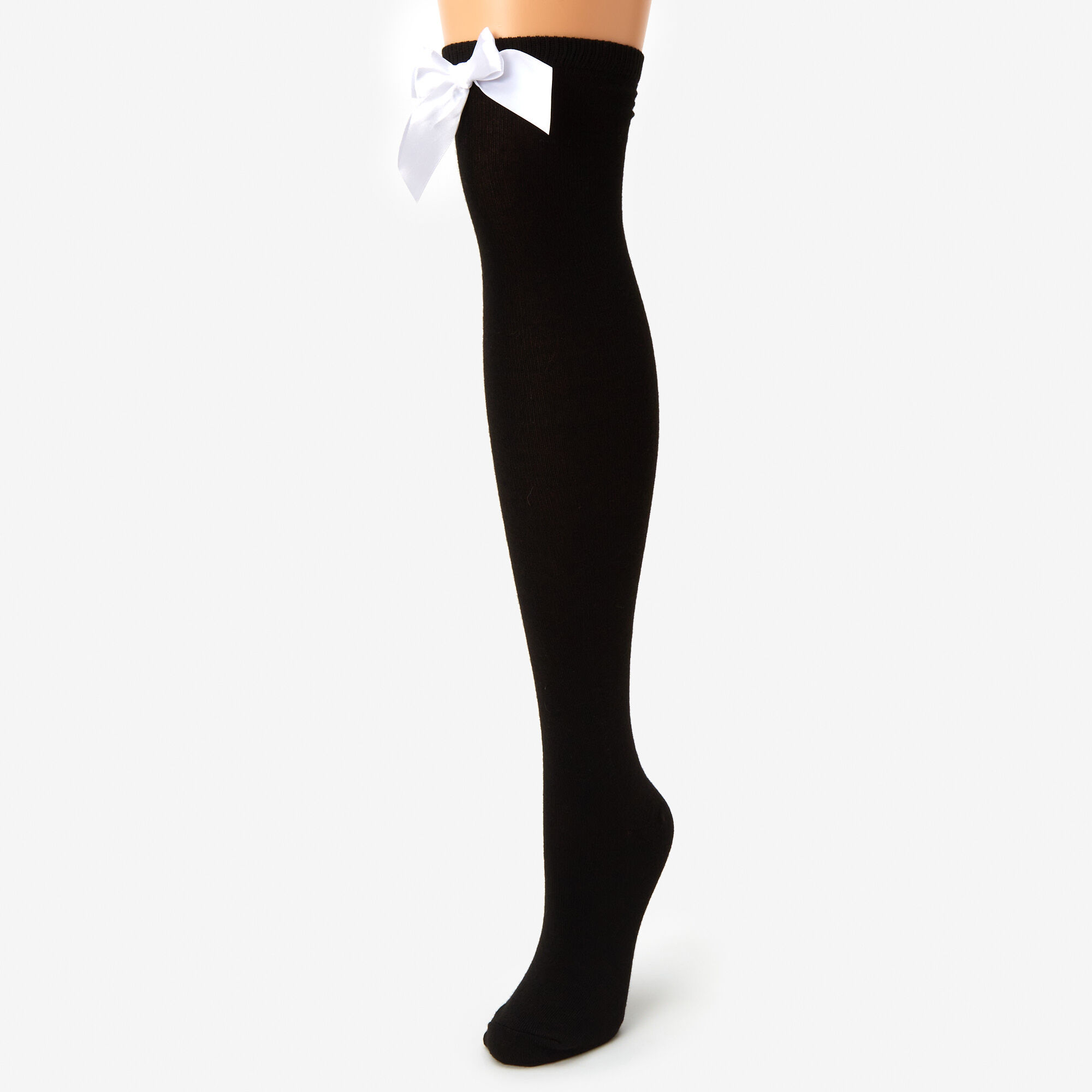View Claires Black Over The Knee Bow Socks White information