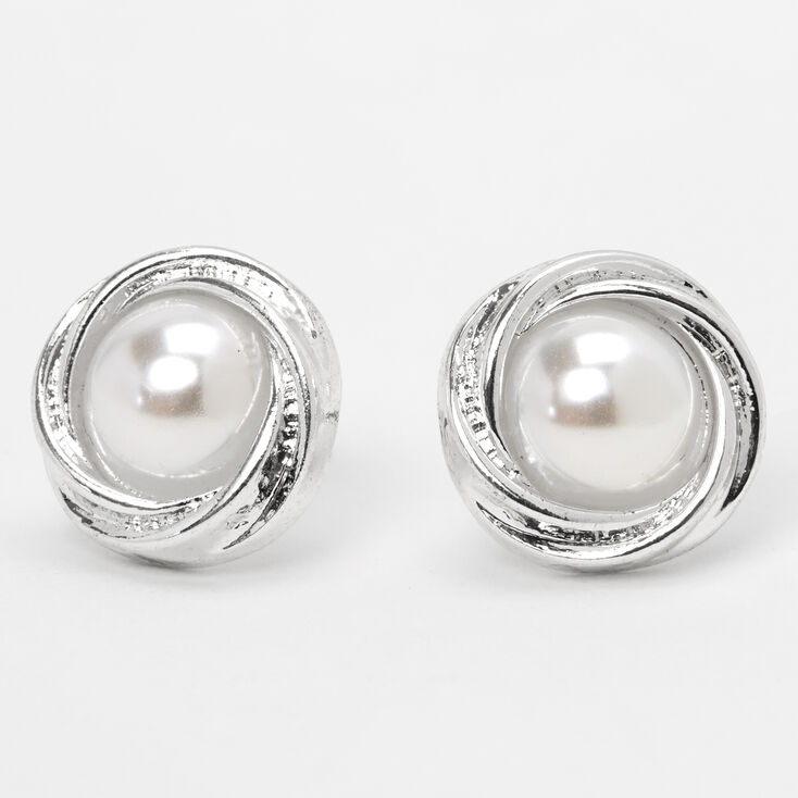 Silver Pearl Knot Stud Earrings,