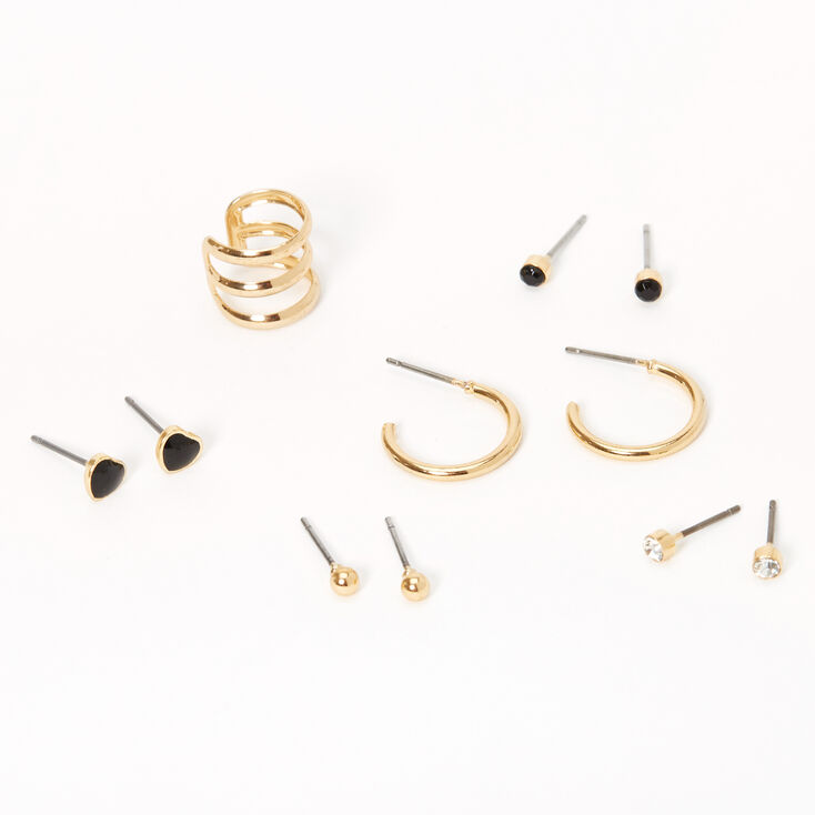 Claire's Boucles d’oreilles aux designs variés et manchette d’oreille cœur boule couleur dorée - Noir, lot de 6