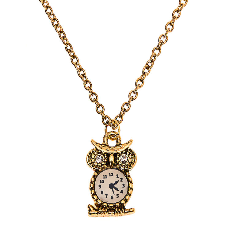 Gold Owl Clock Pendant Necklace,
