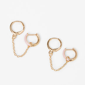 Gold &amp; Pink Enamel Connector Chain Huggie Hoop Earrings,
