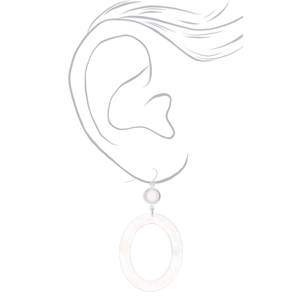 Silver 2.5" Oval Resin Drop Earrings - White,