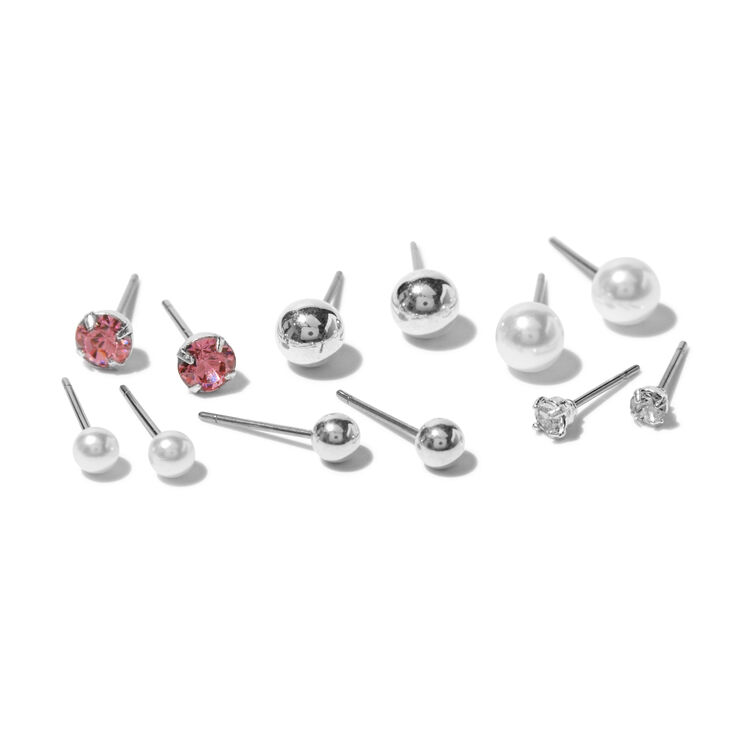 Silver Ball, Pearl &amp; Crystal Stud Earrings - 6 Pack,