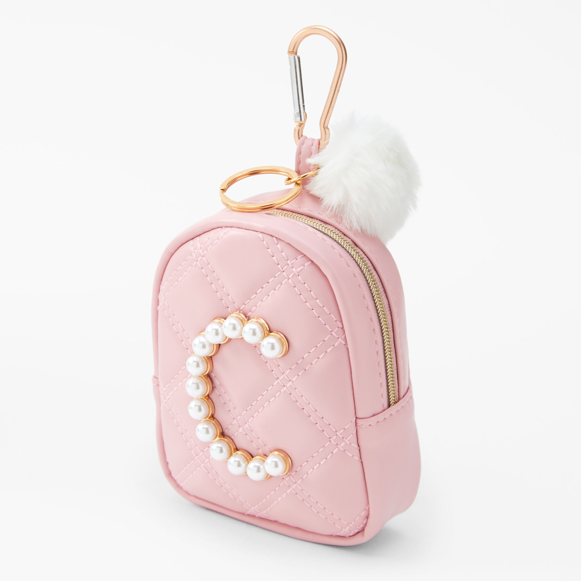 Claire's Porte-clés mini sac à dos perles d’imitation à initiale - Rose tendre, C
