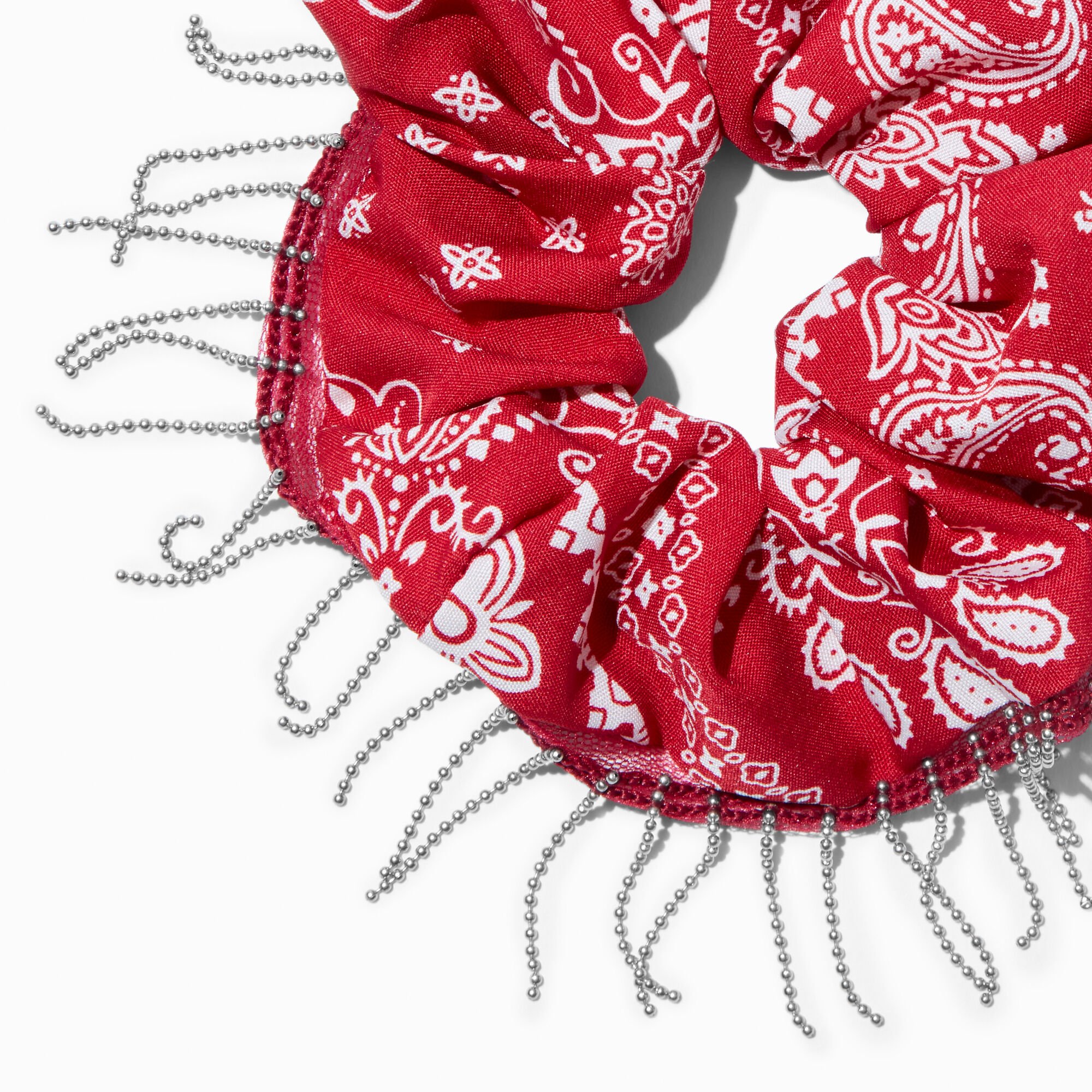 Red Bandana Print Chain Fringe Hair Scrunchie,