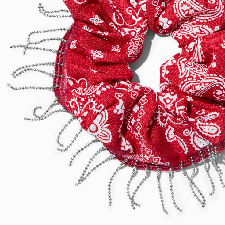 Red Bandana Print Chain Fringe Hair Scrunchie,