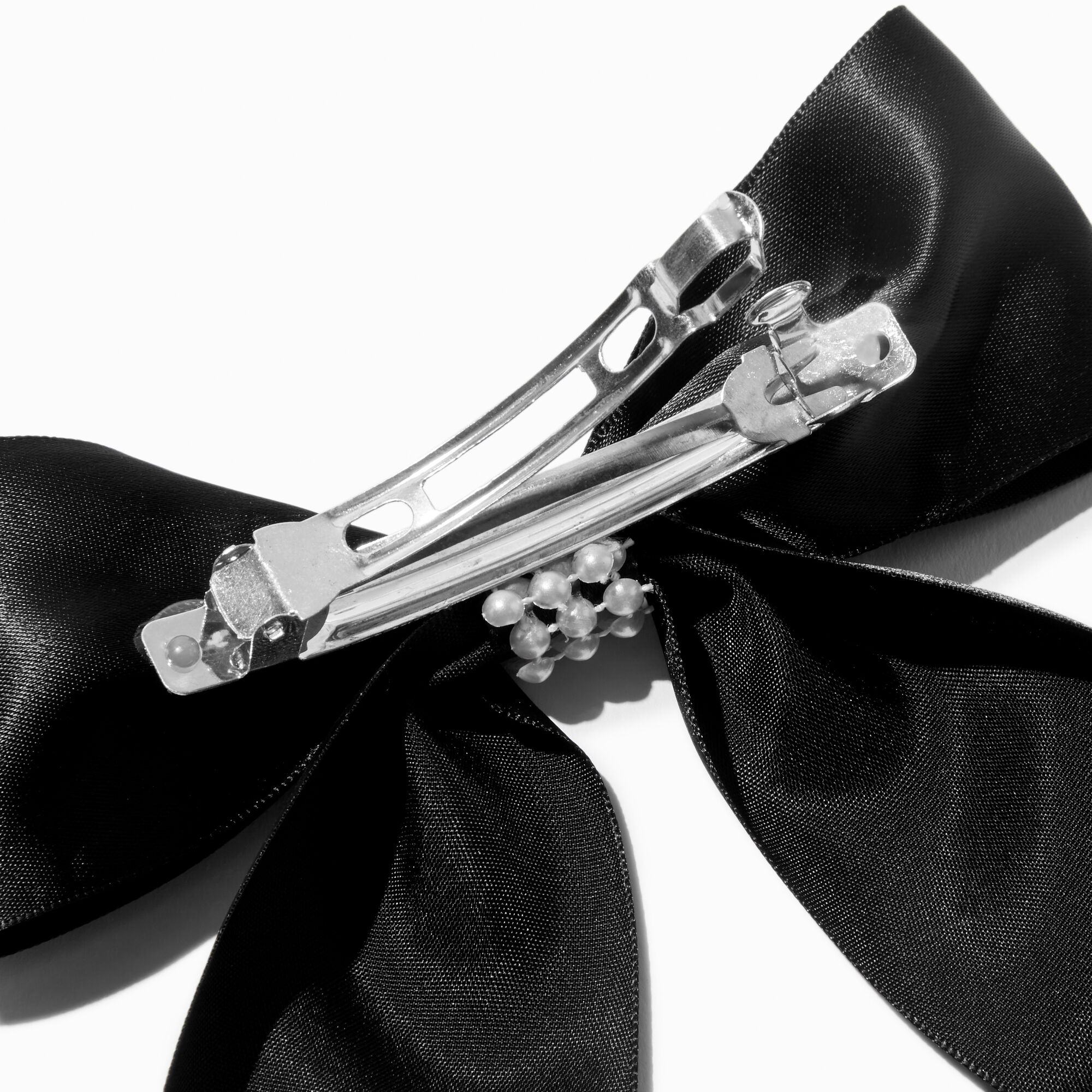 Black Satin Pearl Center Hair Bow Clip,