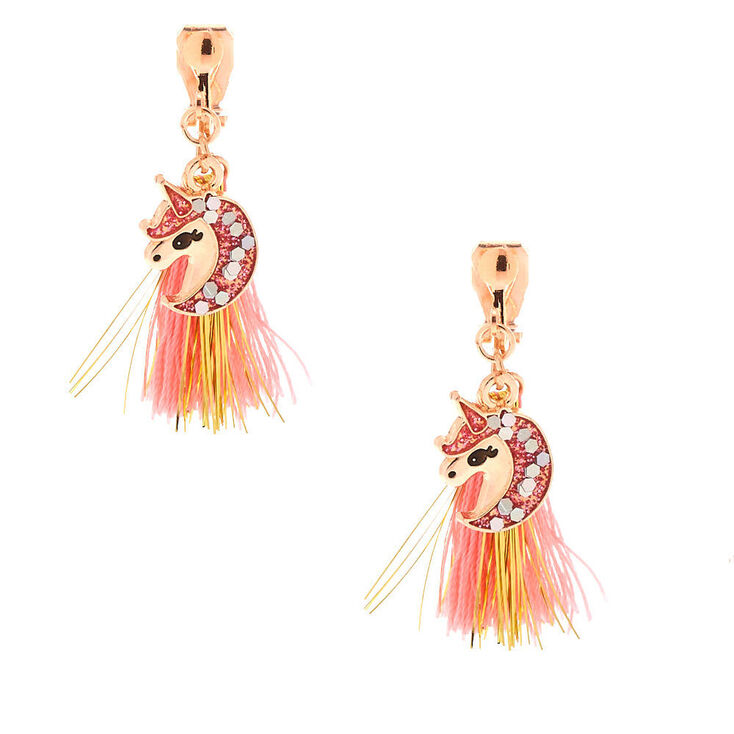 Rose Gold 1&quot; Glam Unicorn Tassel Clip On Drop Earrings - Coral,