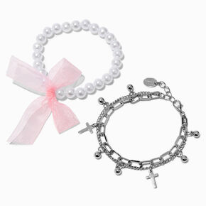Pink Bow Pearl &amp; Silver-tone Cross Chain Multi-Strand Bracelet Set - 2 Pack,