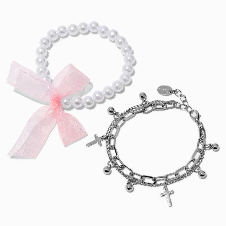 Pink Bow Pearl &amp; Silver-tone Cross Chain Multi-Strand Bracelet Set - 2 Pack,