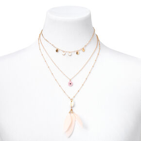 Gold Seashell &amp; Peach Feather Multi Strand Necklace,