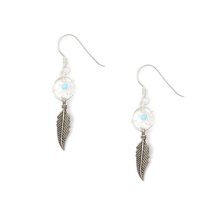 Sterling Silver 1.5&quot; Dreamcatcher Drop Earrings - Turquoise,