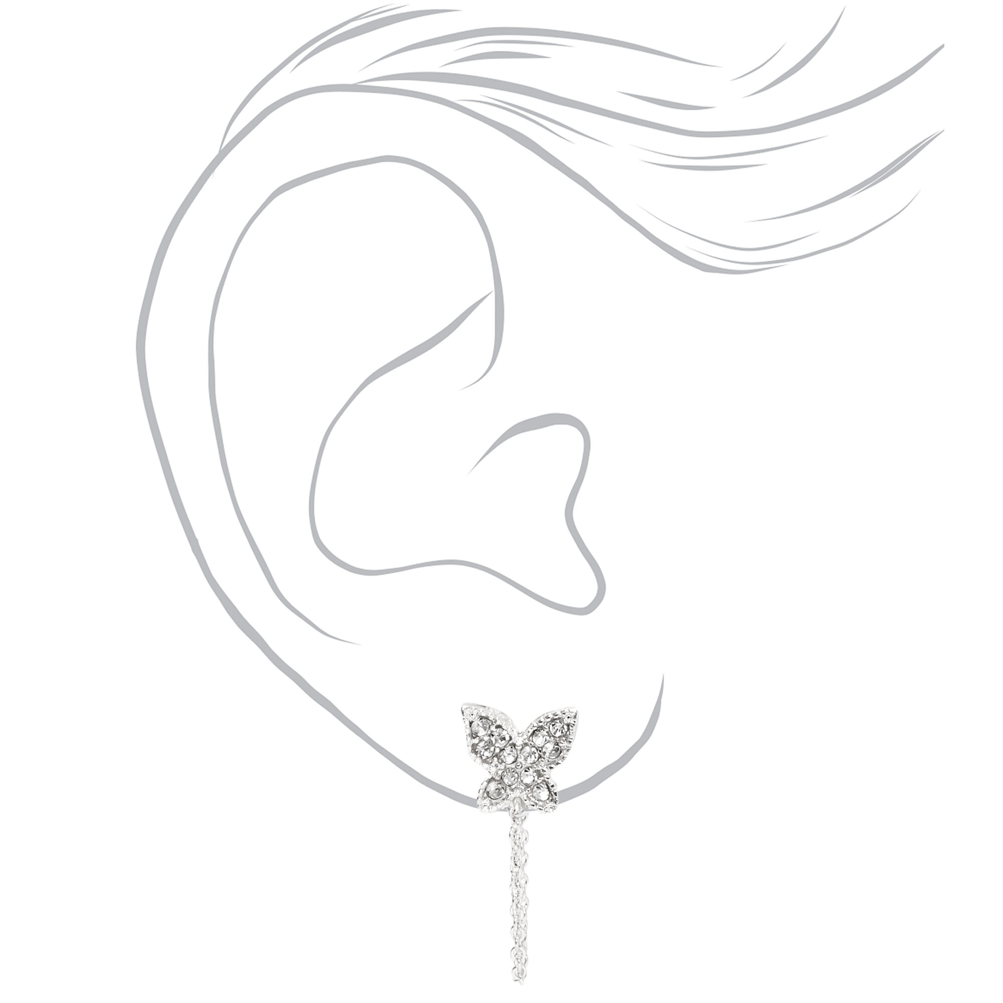 Silver Butterfly Front and Back Chain Stud Earrings,