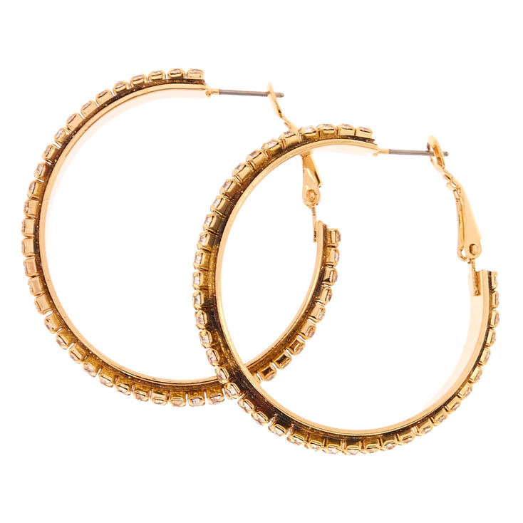 40mm Faux Crystal Lined Gold Tone Hoop Earrings Claire S Us 40mm Faux Crystal Lined Gold Tone Hoop Earrings