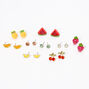 Clous d&#39;oreilles fruits et strass aux designs vari&eacute;s couleur argent&eacute;e - Lot de 9,