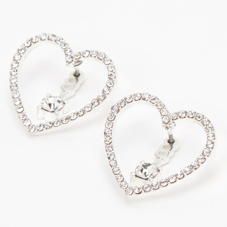 Silver Crystal and Rhinestone Heart Stud Earrings,